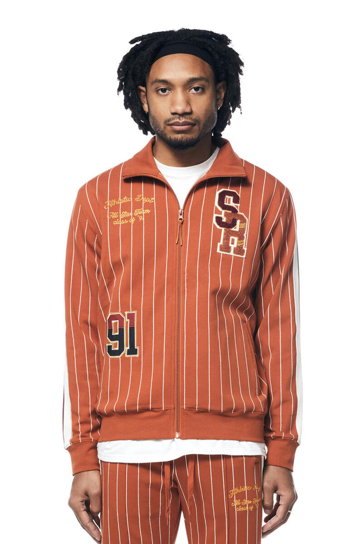 PIN STRIPED VARSITY TRACK JKT (CINNAMON)