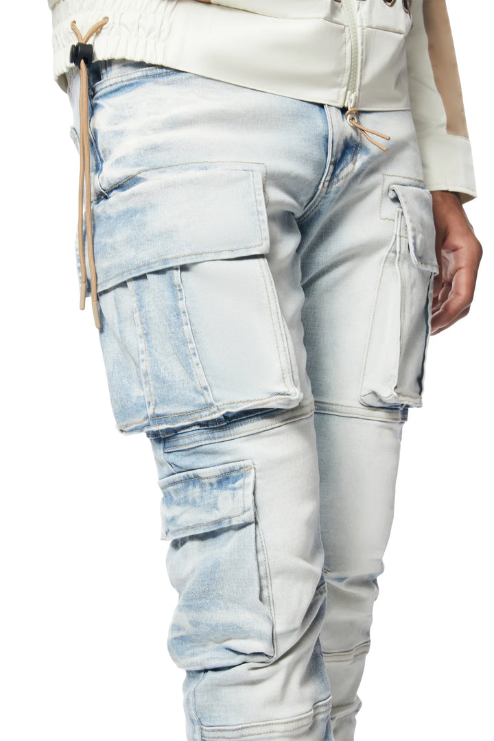 Utility Multi Cargo Stacked Denim Jeans - Santorini Blue